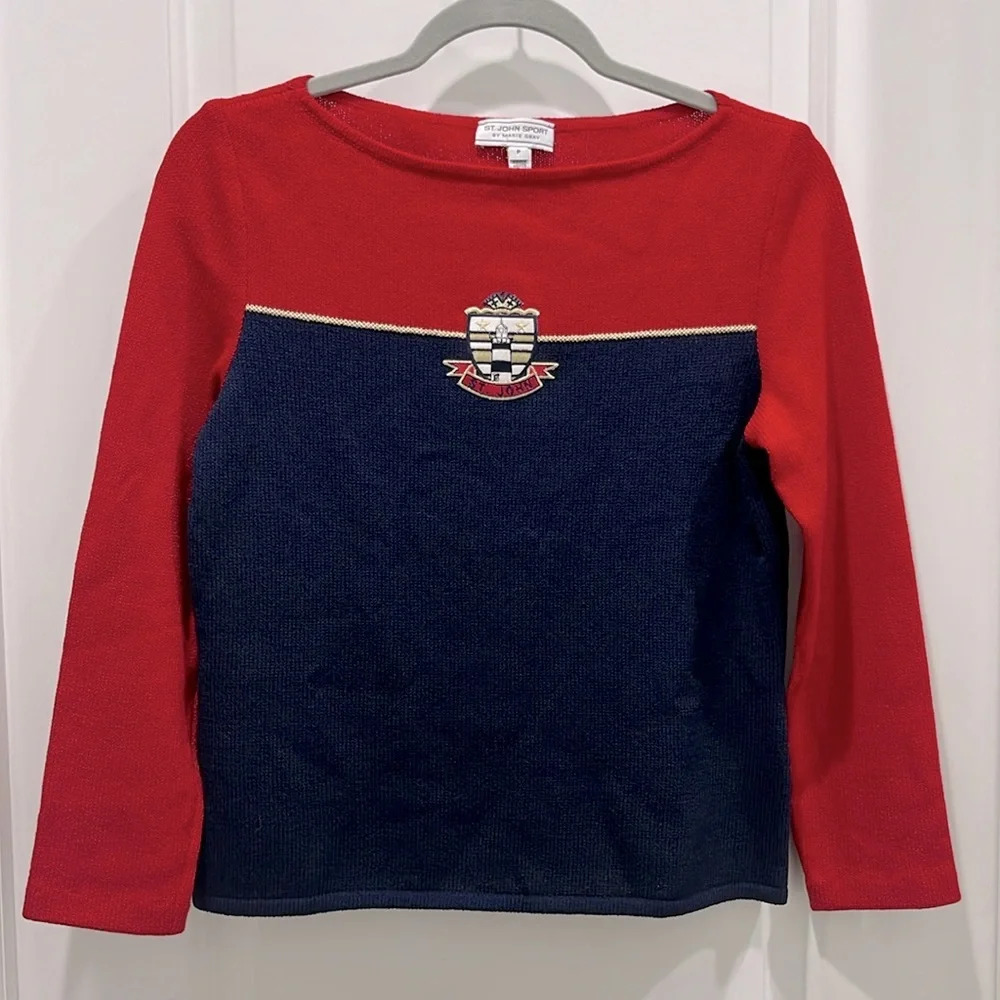 St. John Vintage Knit Red and Navy Nautical Logo Long Sleeve Top Sz Small Petite